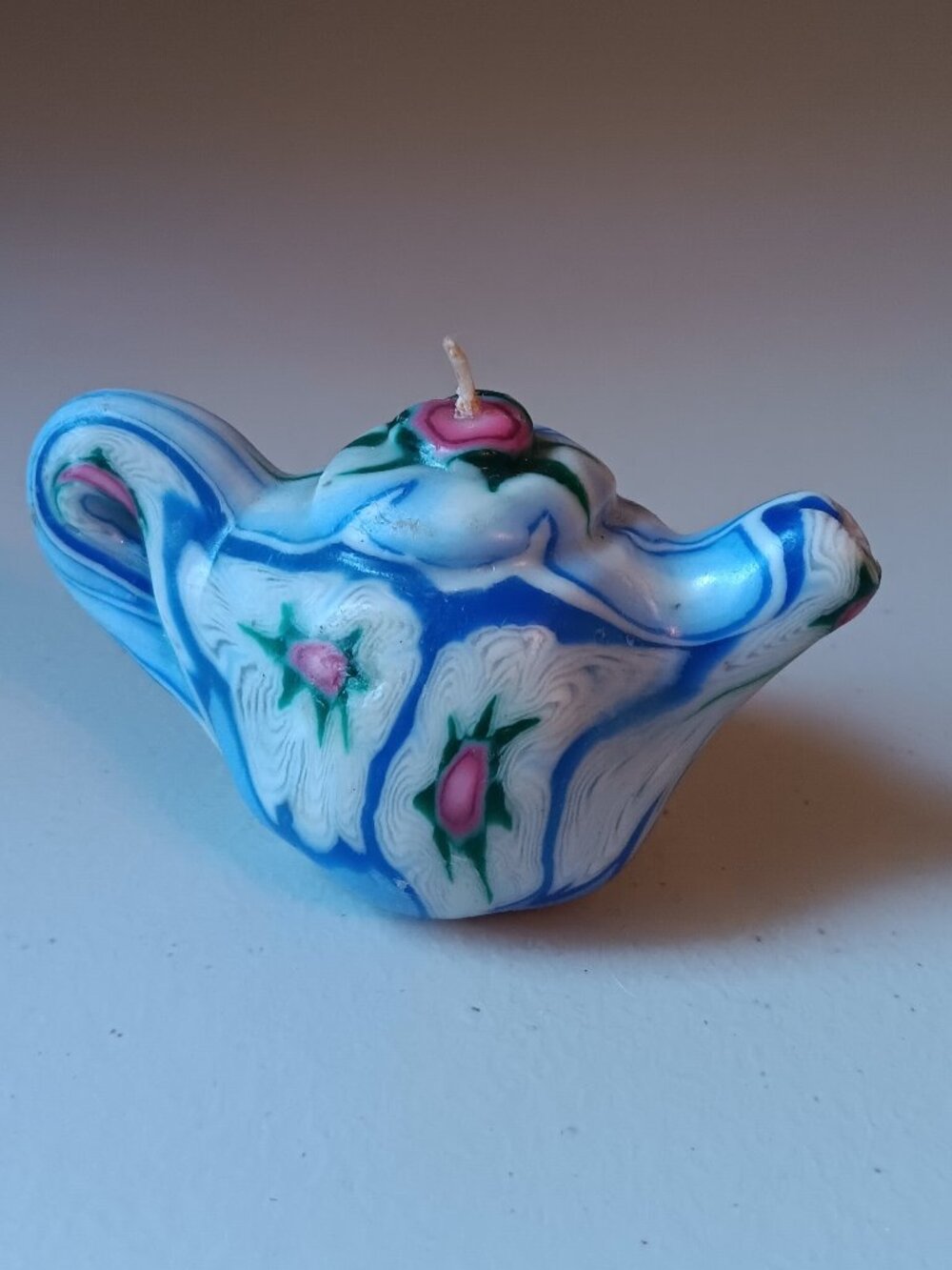 Vintage Handcrafted Swirl Teapot Candle | Blue & Pink Floral Novelty Wax Candle